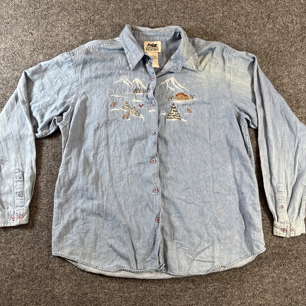 Vintage 90s Northern Reflections Denim Mountain Deer Embroidered Shirt Sz L